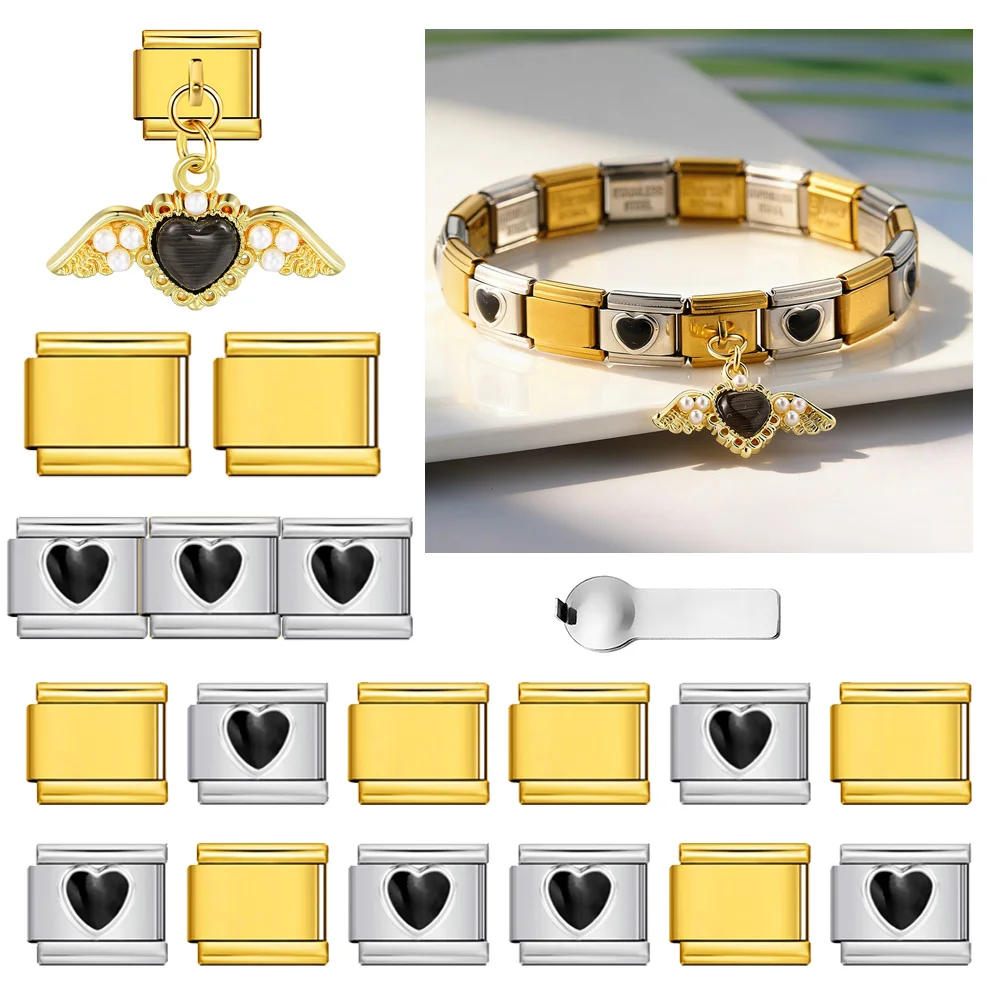 GEMOSA 9mm Italienisches Edelstahl-Armband Trendiges Schwarzes Liebesherz Werkzeug-Kombinationsset DIY Damen Herren Charm-Schmuck 19-teiliges Set – Detail 1