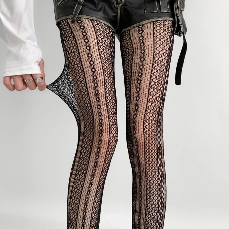 New Women's Sexy Striped Vertical Grain Lace Tights Hollow Out Wide-strip Circles Pantyhose JK Mesh Breathable Fishnet Stockings