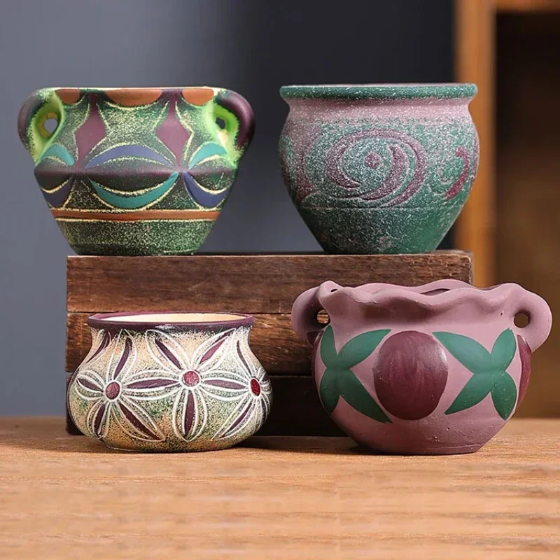 Mediterranean Succulent Flower Pots Home Made Red Pottery Ceramic Retro Hand Painted Pots