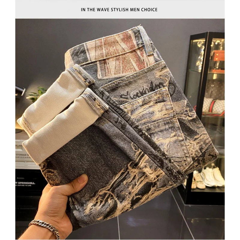 

Американские элитные мужские джинсы с ретро-принтом, новинка осени 2025 года, крутые и свободные длинные брюки прямого кроя