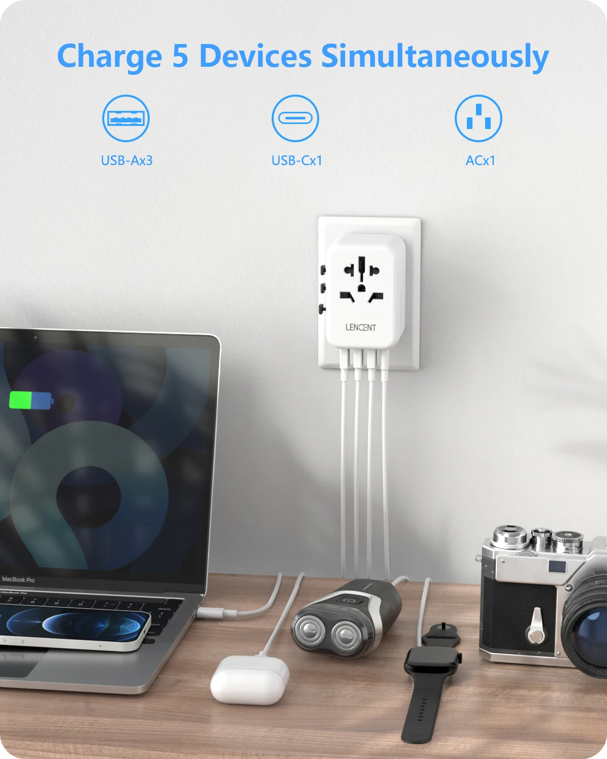 LENCENT محول السفر العالمي شاحن دولي مع 3 منفذ USB 1Type-C PD شحن محول للهواتف المحمولة محول الكمبيوتر المحمول