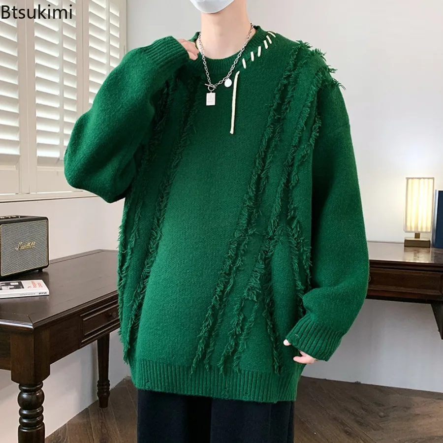 

2025 Men's Warm Knitted Sweaters Patchwork O-Neck Knit Pullovers Autumn Winter Korean Streetwear Pullover Casual Mens Clothing