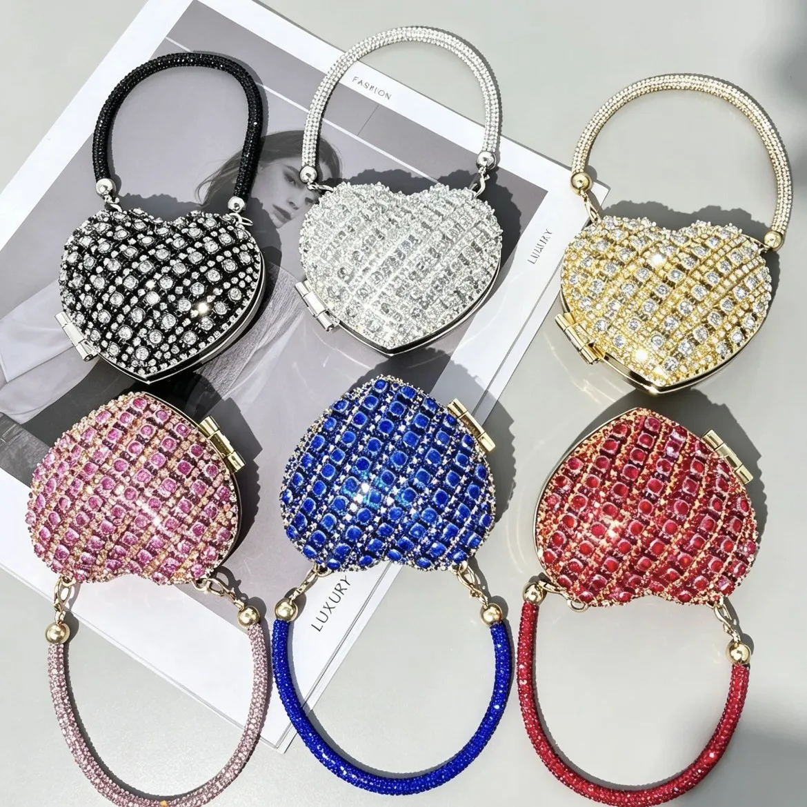 Fashion Mini Heart Shape Crystal Chain Bag Women Crossbody Evening Party Rhinestone Versatile Minimalist Handbag Sparkly Bling view 5