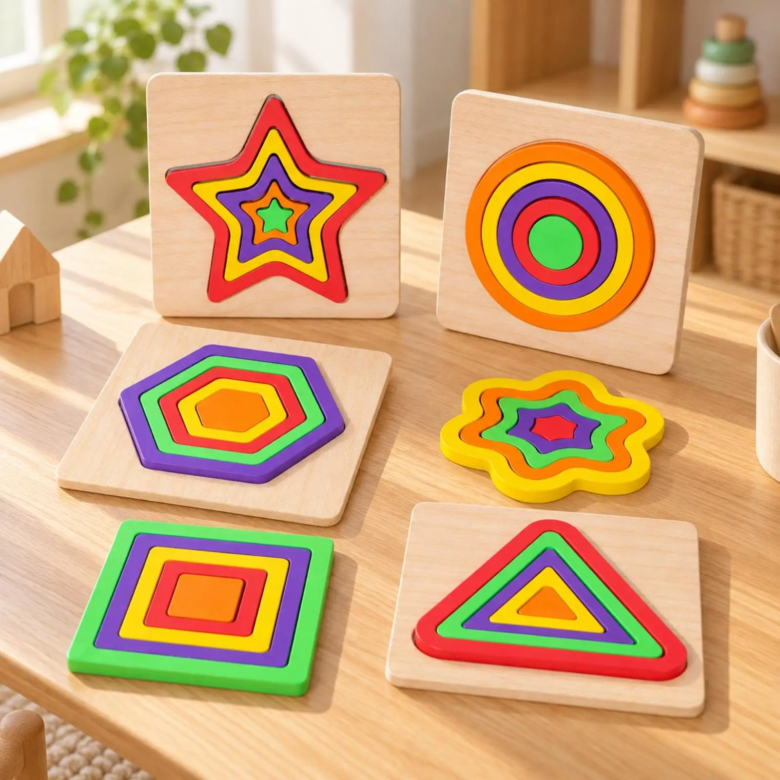 Toddler Wooden Shape Matching Puzzle Montessori Educational Toy 3D Sorting Board with Geometric Forms for Kids Learning