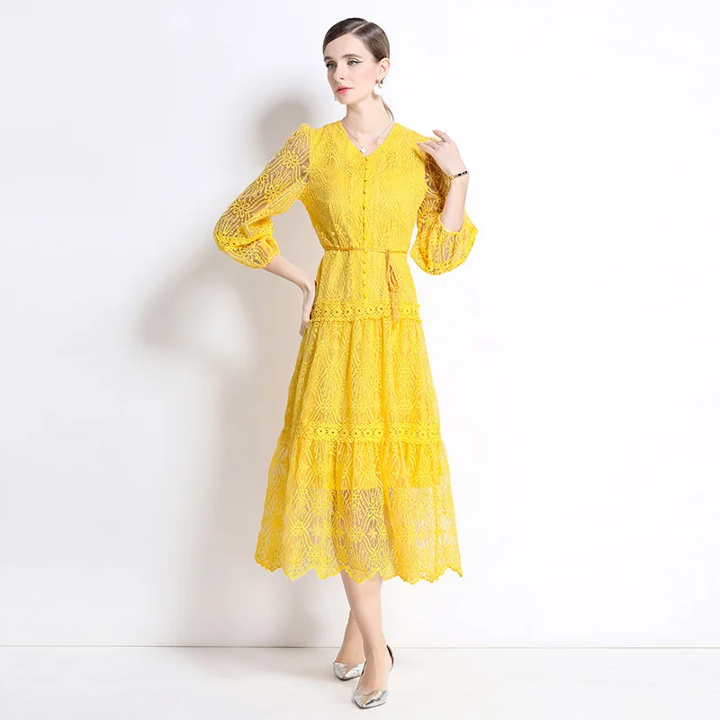 Vestido E de Renda com Decote em V e Mangas Lanternas, Vestido Longo com Botão Único, Estilo de Casaco de Verão Reforçado