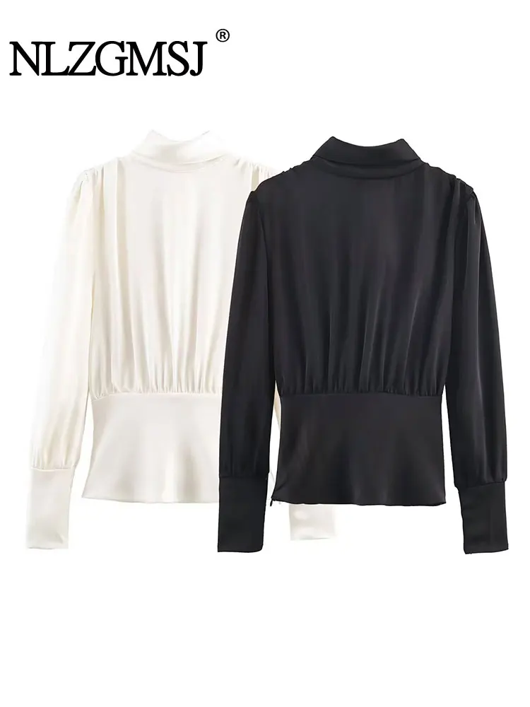 

NLZGMSJ Autumn Women New Backless Bow Blouse Chic Fashion Satin Elegant Long Sleeve Casual Short Blouses Top ﻿