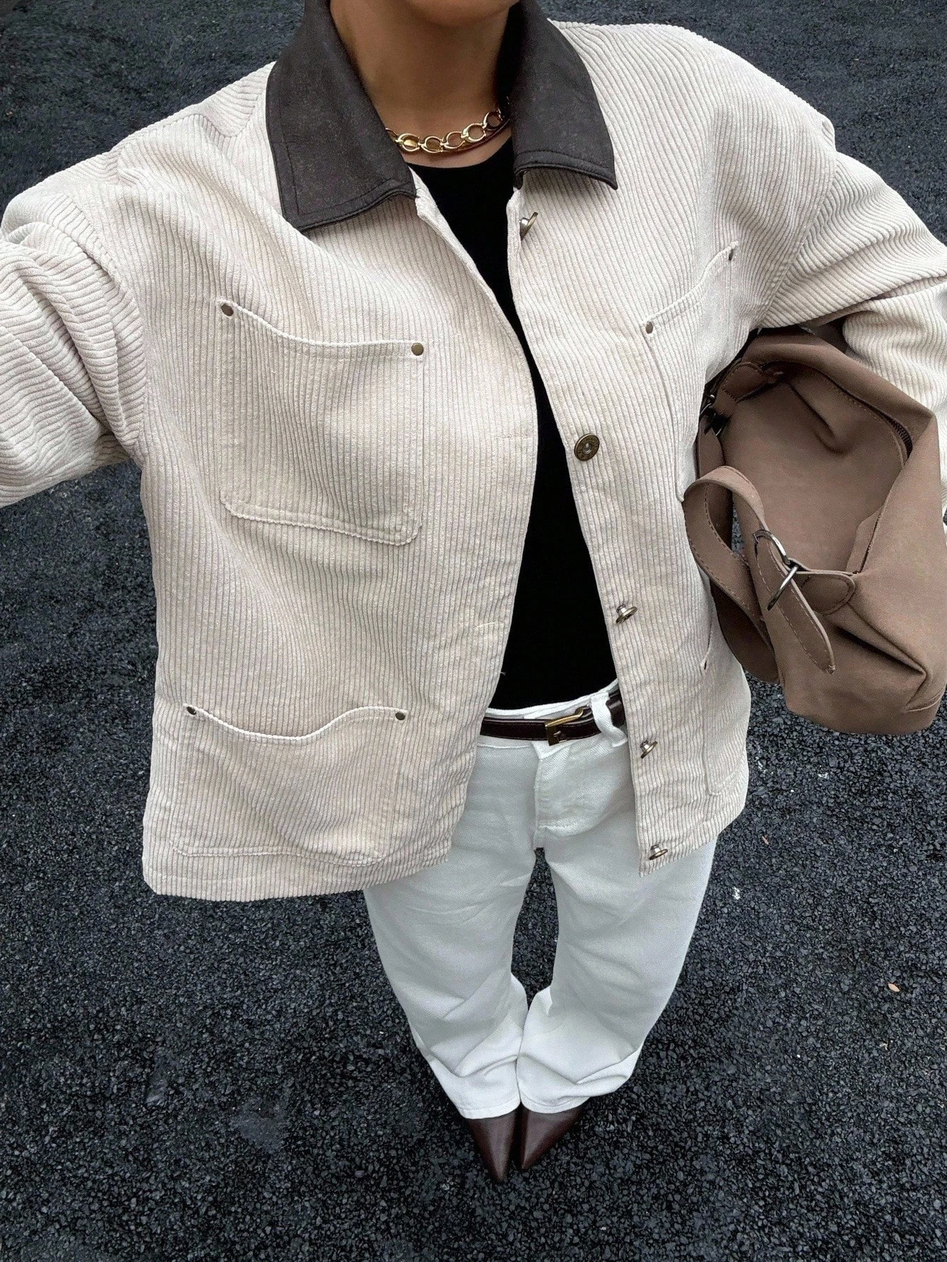 Women's Contrast Leather Collar Multi-Pocket Corduroy Jacket, Off-White, Loose Retro Workwear Coat