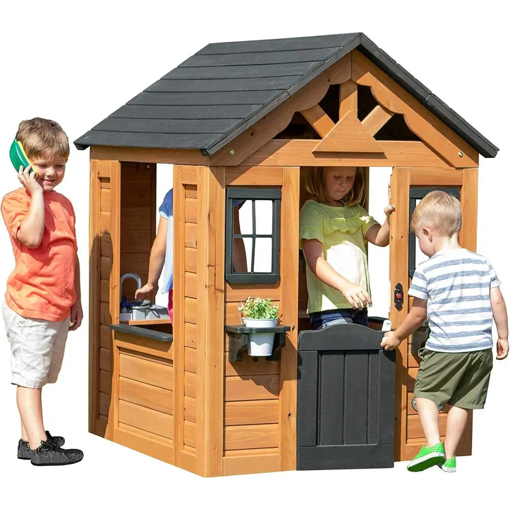 Backyard Discovery Sweetwater CeWooden Kids Playhouse Cottage with Play Kitchen, Snack Bar, Hal Door, Toy Pe, Windows, lowerpot