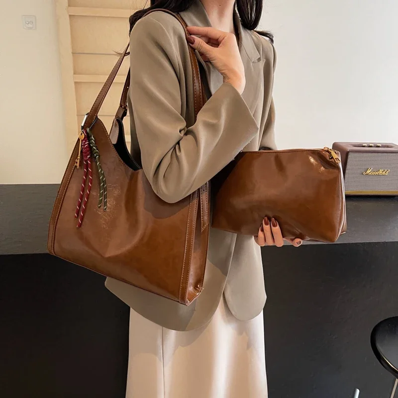 LEFTSIDE Retro 2 Pcs/set Pu Leather Underarm Bags For Women 2024 Y2K Korean Fashion Female Tote Bag Female Shoulder Bag Handbags