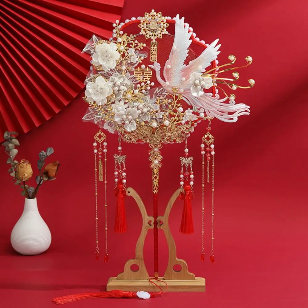 

Chinese Style Long Handle Bridal Hand Fan Handmade Silk Flower Tassel Decorative Fan for Wedding Photography Hanfu Cosplay Costu
