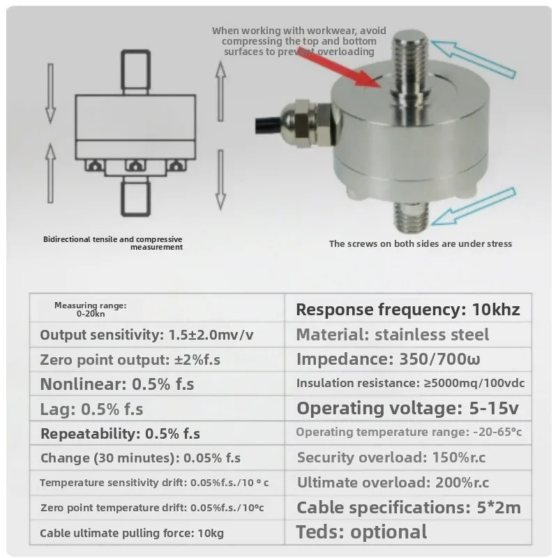 High Accuracy Threaded Force Sensor Hardware Fitting 0.5kN-20kN Tension Compression Measuring Accessory