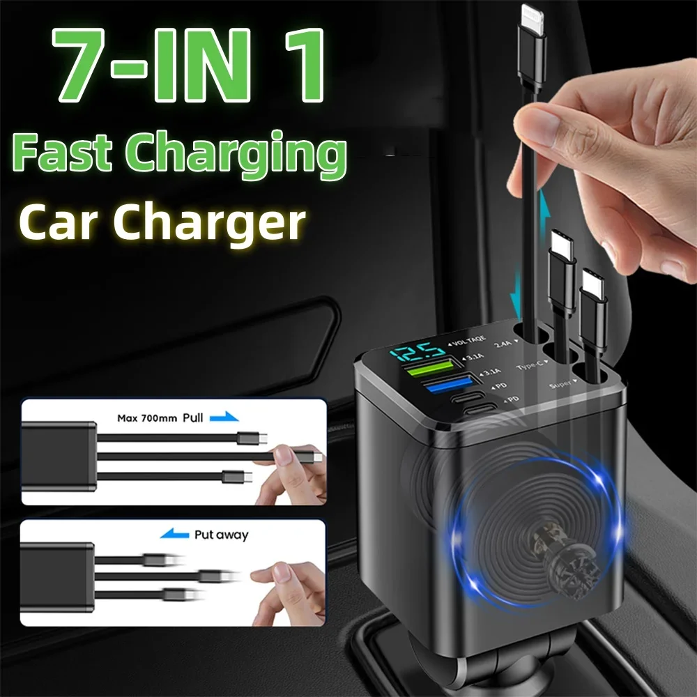 شاحن سيارة 7 في 1 قابل للسحب، شحن سريع، محول طاقة USB من النوع C مع كابل LED قابل للسحب لهاتف iPhone Xiaomi