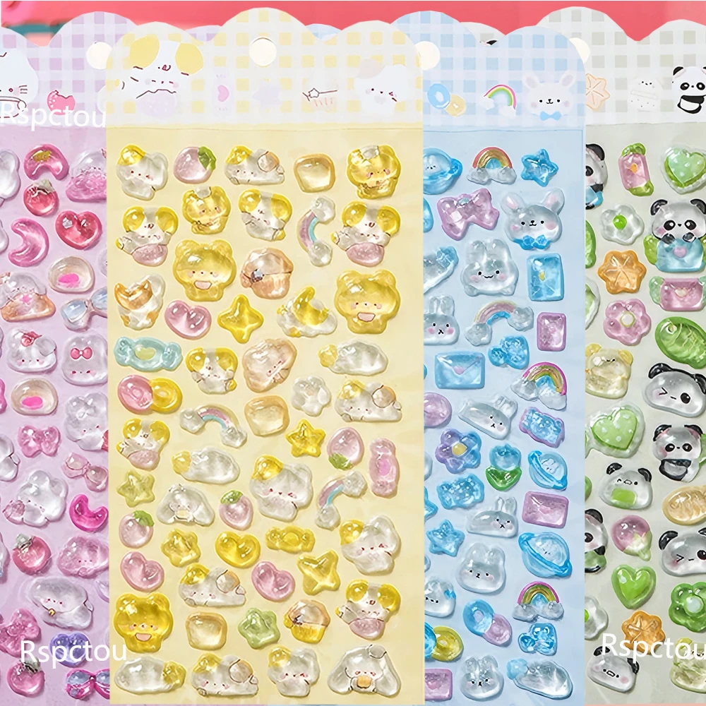 6pcs Cartoon Cute Little Animal 3D Relief Stickers Kawaii Jelly Crystal Sticker Decorative DIY Phone Notebook Reward Decals Gift