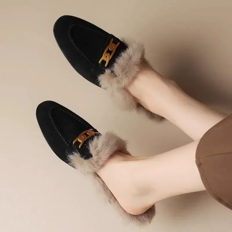 Winter Women Suede Warm Fur Slippers Brand Luxury Mules Flats Shoes 2025 New Short Plush Flip Flops Designer Cotton Shoes Mujer