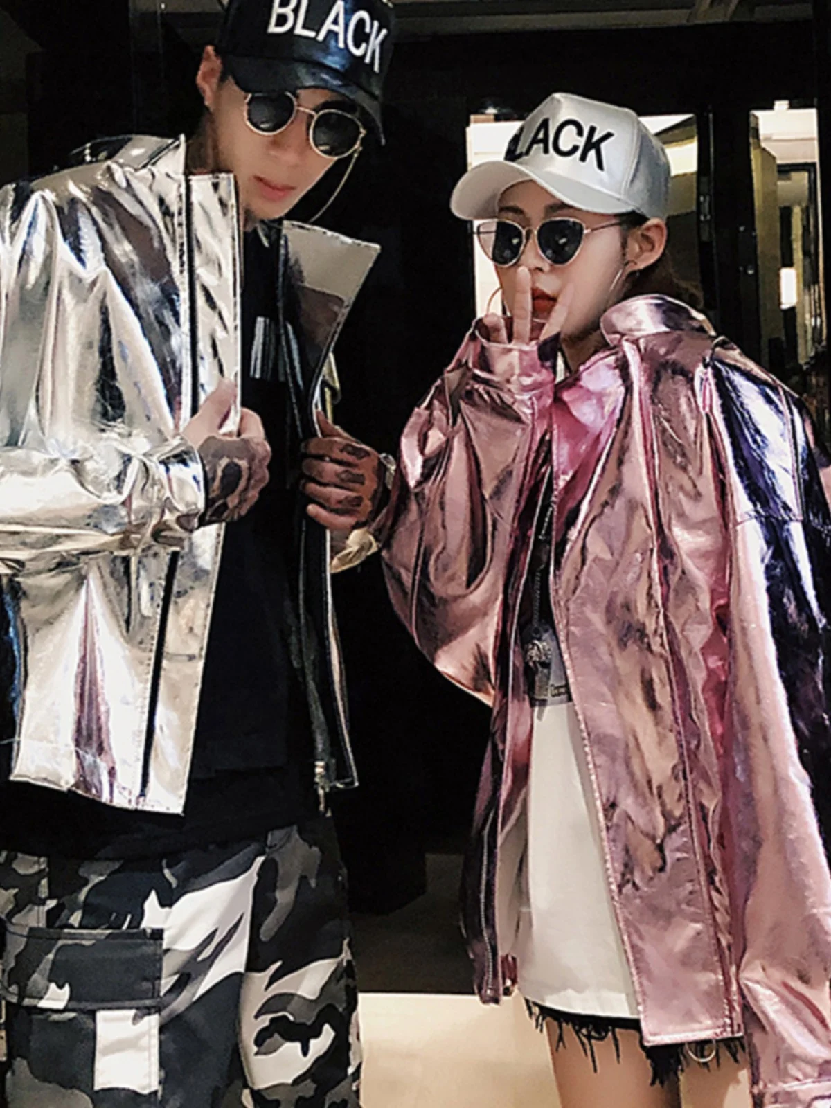 Chaqueta Delgada Estilo Urbano para Parejas, Traje de Discoteca, Disfraz para Actuaciones de Baile, Ropa Urbana de Cuero PU, Manga Larga con Cierre de Cremallera