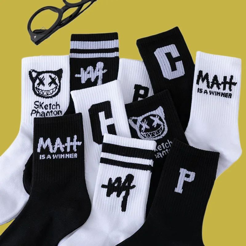 

5/10 Pairs Men High Quality All-match Student Mid-tube Socks Letters Trend Cotton Sock Breathable Women Basketball Sports Socks