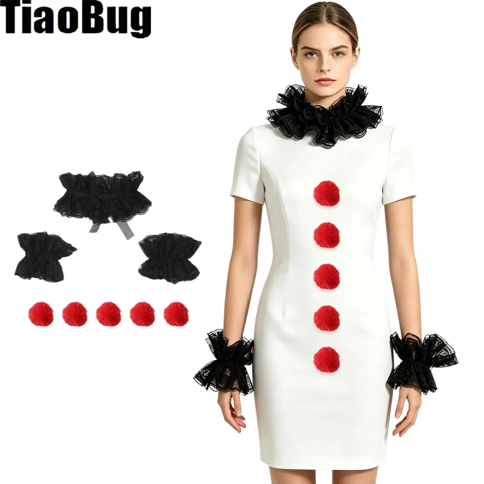 Women Clown Costume Accessories Adjustable Layered Faux Collar Lace Wristbands with Headband And Pom Poms for Party