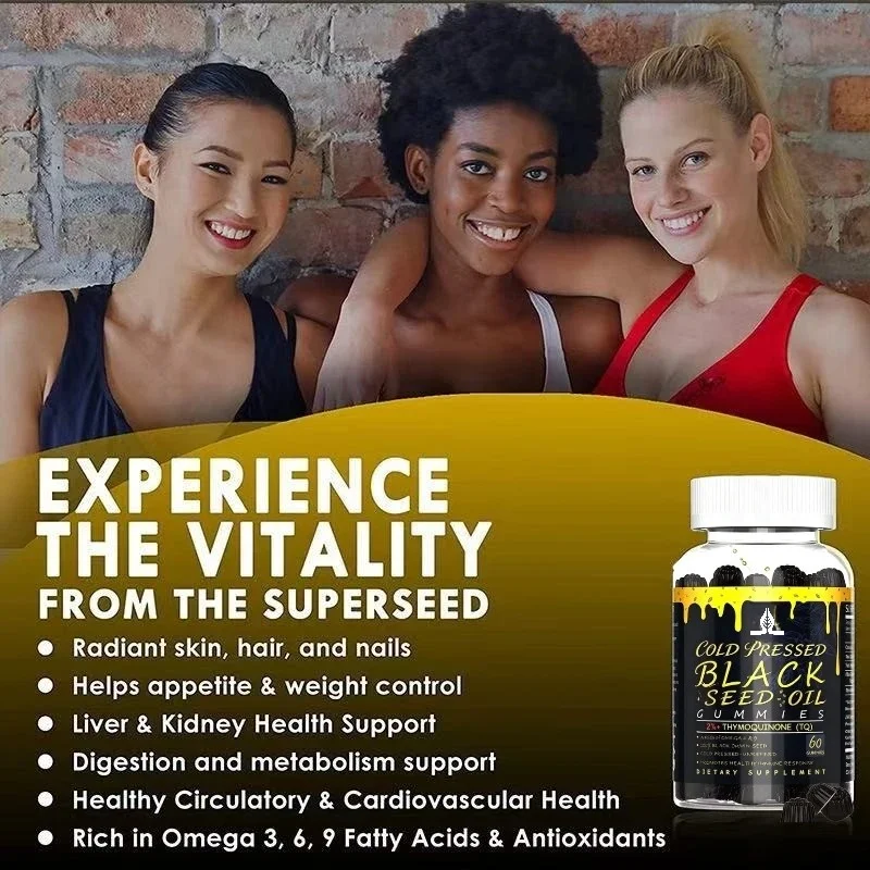 Natural Cold Pressed Black Seed Oil Gummies Containing Omega 3-6-9 for Joint Immunity, Antioxidant and Digestive Health