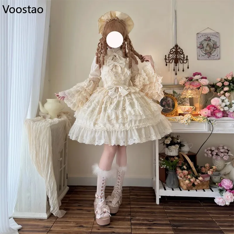 Victorian Vintage Lolita Jsk Dress Women Kawaii Bow Lace Ruffles Flower Wedding Party Dresses Japanese Elegant Princess Dress