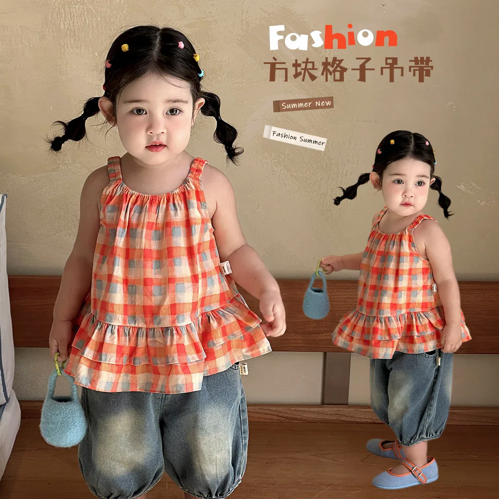 

2026 New Baby Girls Summer Plaid Slip Dress Cute Sleeveless Spaghetti Strap Dress Thin Soft Casual Toddler Outdoor Daily Wear