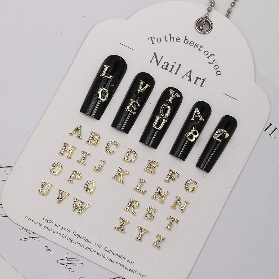 SANANIE Fashion 3D Letter Nail Charms Luxury Alloy Alphabet Rhinestones Gold Color Nail DIY Art  Jewelry Decoration Accessories
