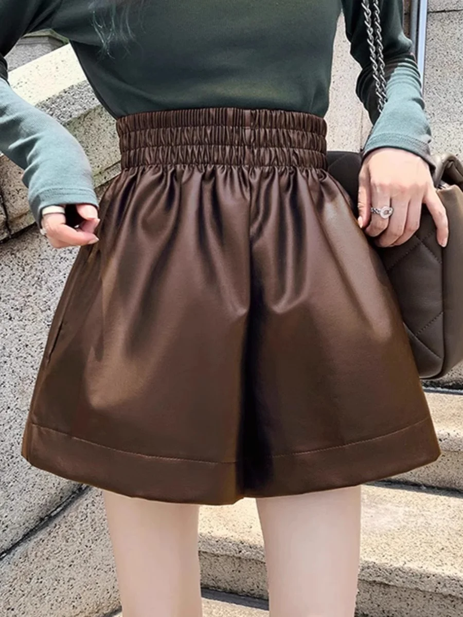 Autumn Winter Pu Leather Shorts Women High Waist A- label Casual Loose Shoes Fashionable Wide Leg Pants Korean Style