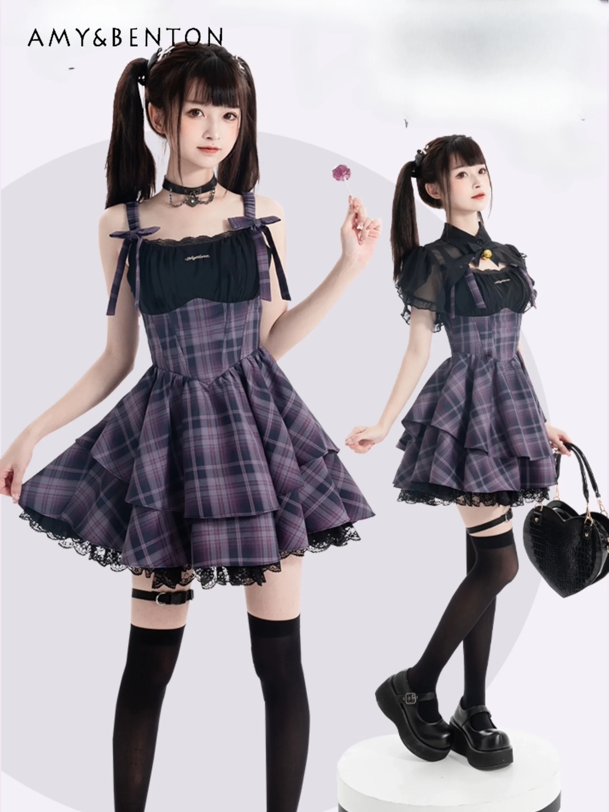 

Daily Sweet Cute Lolita Ball Gown Dress Kawaii Bow Slim Lace Stitching Plaid Dress for Women Hot Girl Y2K Mini Dress Summer New