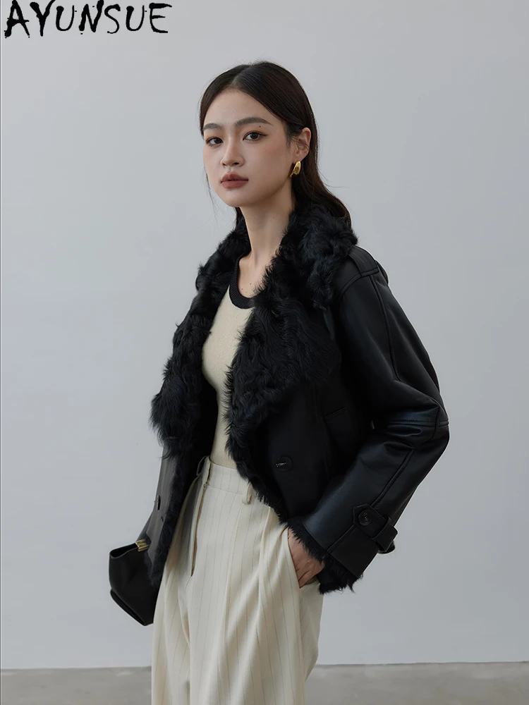 AYUNSUE 天然羊皮毛皮コート バイクジャケット 本革ジャケット レディース 2025 暖かい冬服 女性用