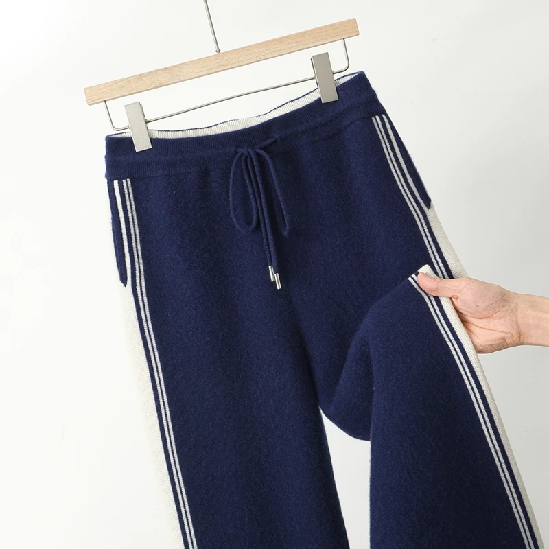 اختيار جودة عالية الرجال الصوف الخالص السراويل الخريف الشتاء سميكة 100% الصوف محبوك سروال شكل قلم رصاص لينة الأساسية مرونة الخصر بنطلون