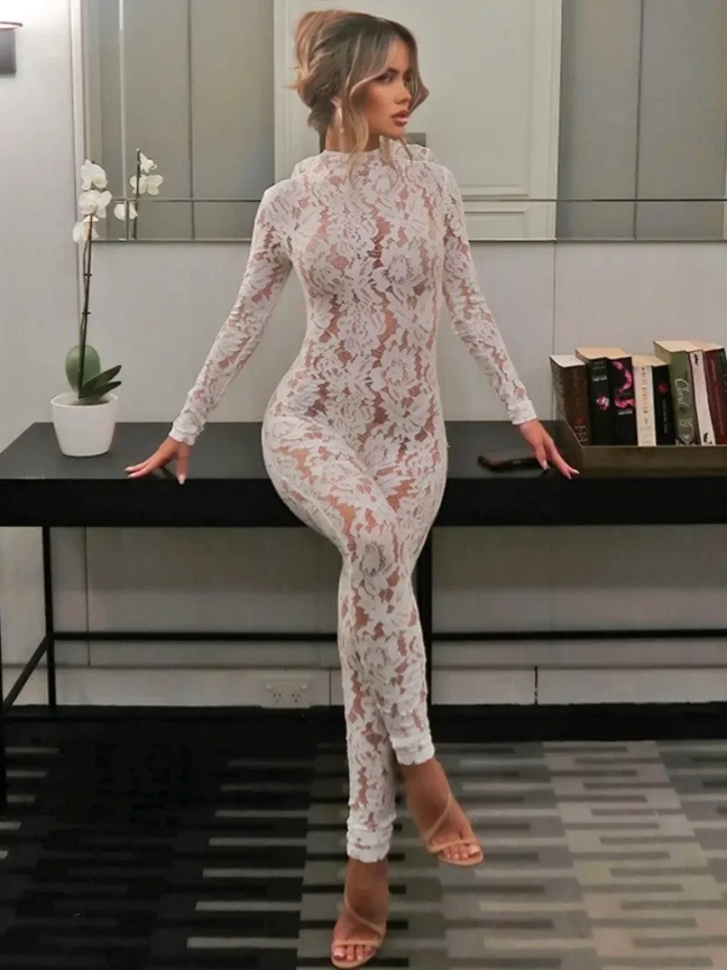 Sexy Lace Jumpsuit for Women 2025 Autumn Long Sleeve See-through Tight Bodysuit Evening Party Outfit White Black Clubwear