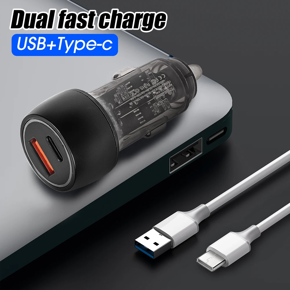 Trtansparent 48W USB Type-C Car Charger for Iphone Android Phone Tablet PD USB-C Vehicle Fast Charging Power Adapter Accessories