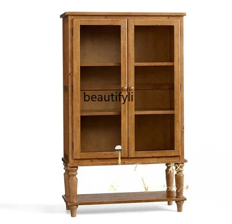 

American Country Solid Wood Wine Cabinet New Classical Glass Door Sideboard Cabinet Double-Door Storage Cabinet