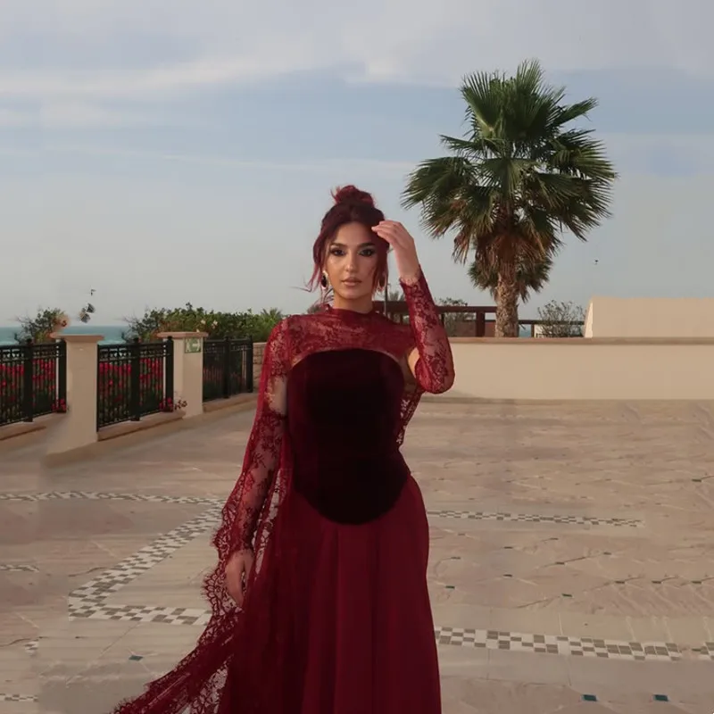 

Luxury Burgundy Lace Sheath Evening Dress Simple Cap Sleeves Velvet Pleat Prom Evening Gown Floor-Length Vestidos de Customized