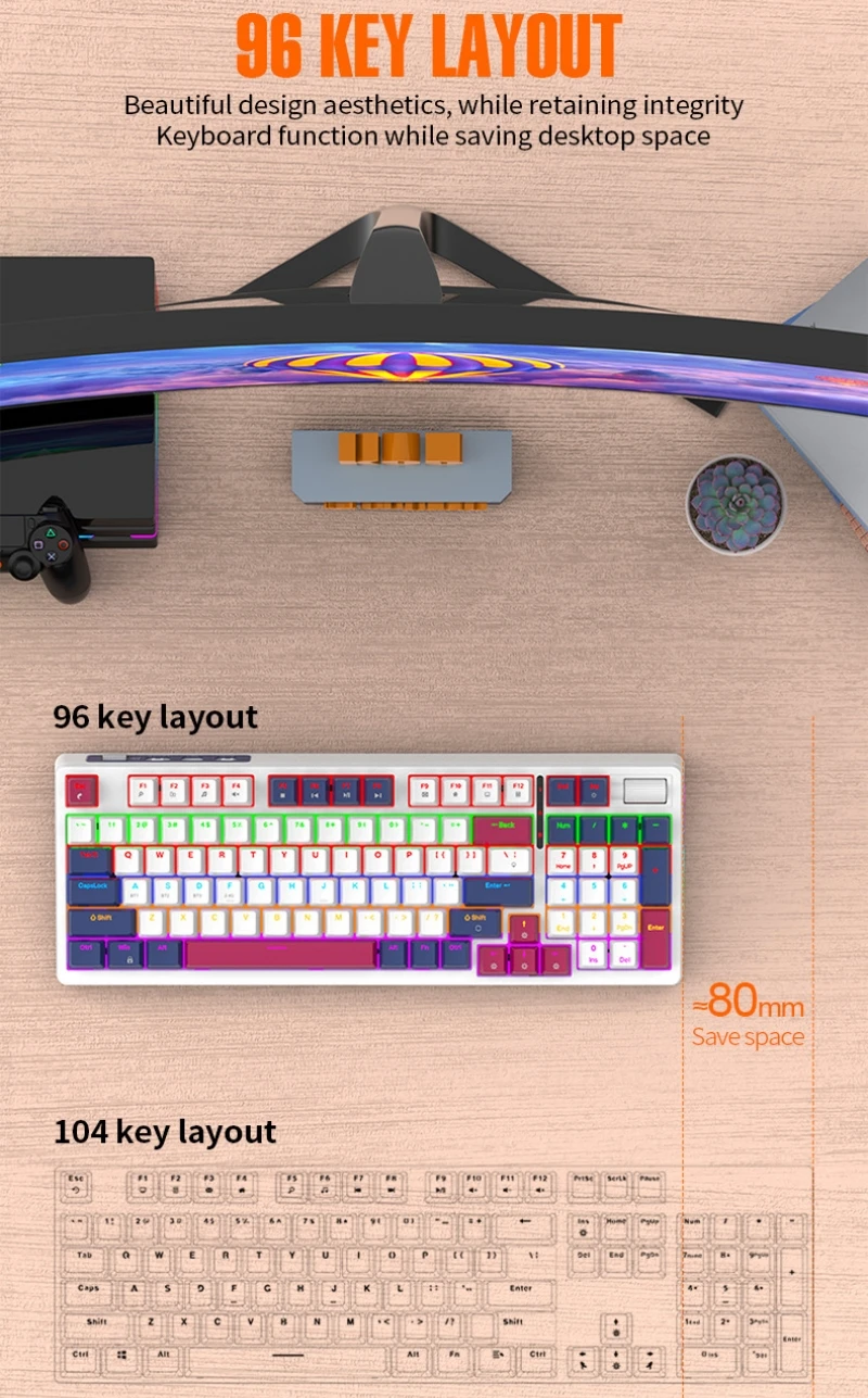 Imagem -04 - Teclado Mecânico sem Fio Português 96 Teclas 100 Layout Espanhol Russo Coreano Árabe Teclado Mecânico Bluetooth Connect Hot Swap Rgb Light K95 2000mah Bateria Grande Ergonomia