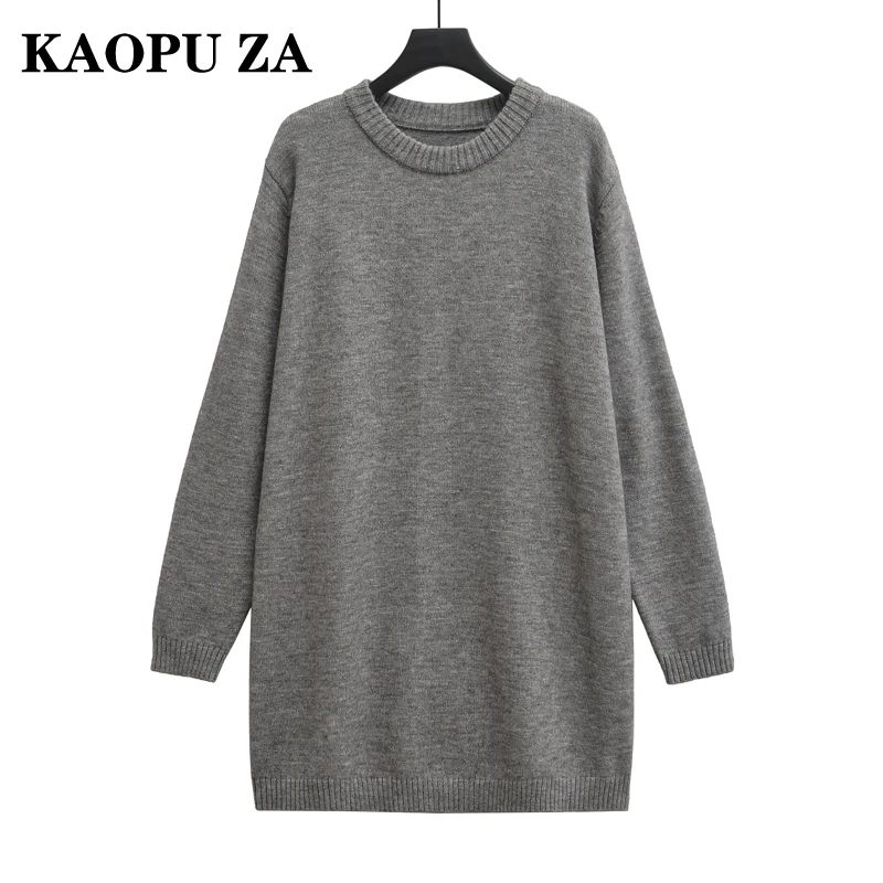 KAOPU ZA Woman's 2024 Autumn Vintage Knit Screw Thread Long Sleeve Loose Fit Dress Female Casual O-Collar Solid Color Mini Skirt