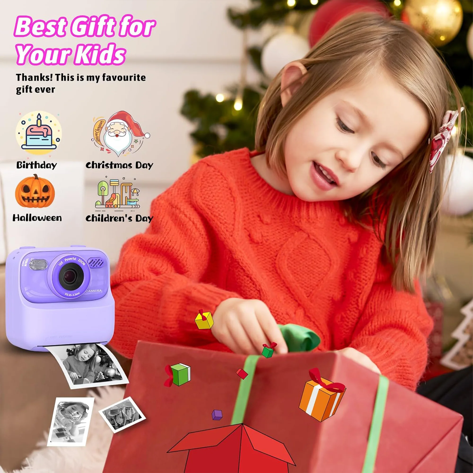 Kids Instant Print Camera 1080P HD Dual Lens Selfie Camera with Flash 3 Rolls Paper 2.0
