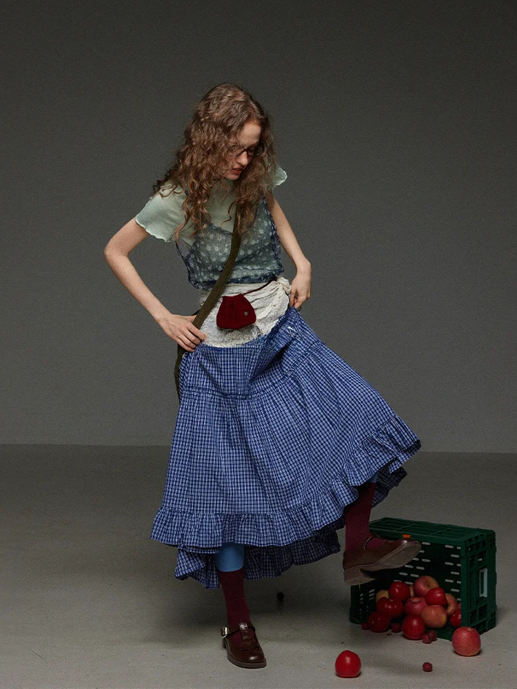

TNIT Retro Plaid Gingham A-Line Skirt Women Summer 2026 Layered Tulle Flounce High Waist Cake Long Skirt Loose Fit