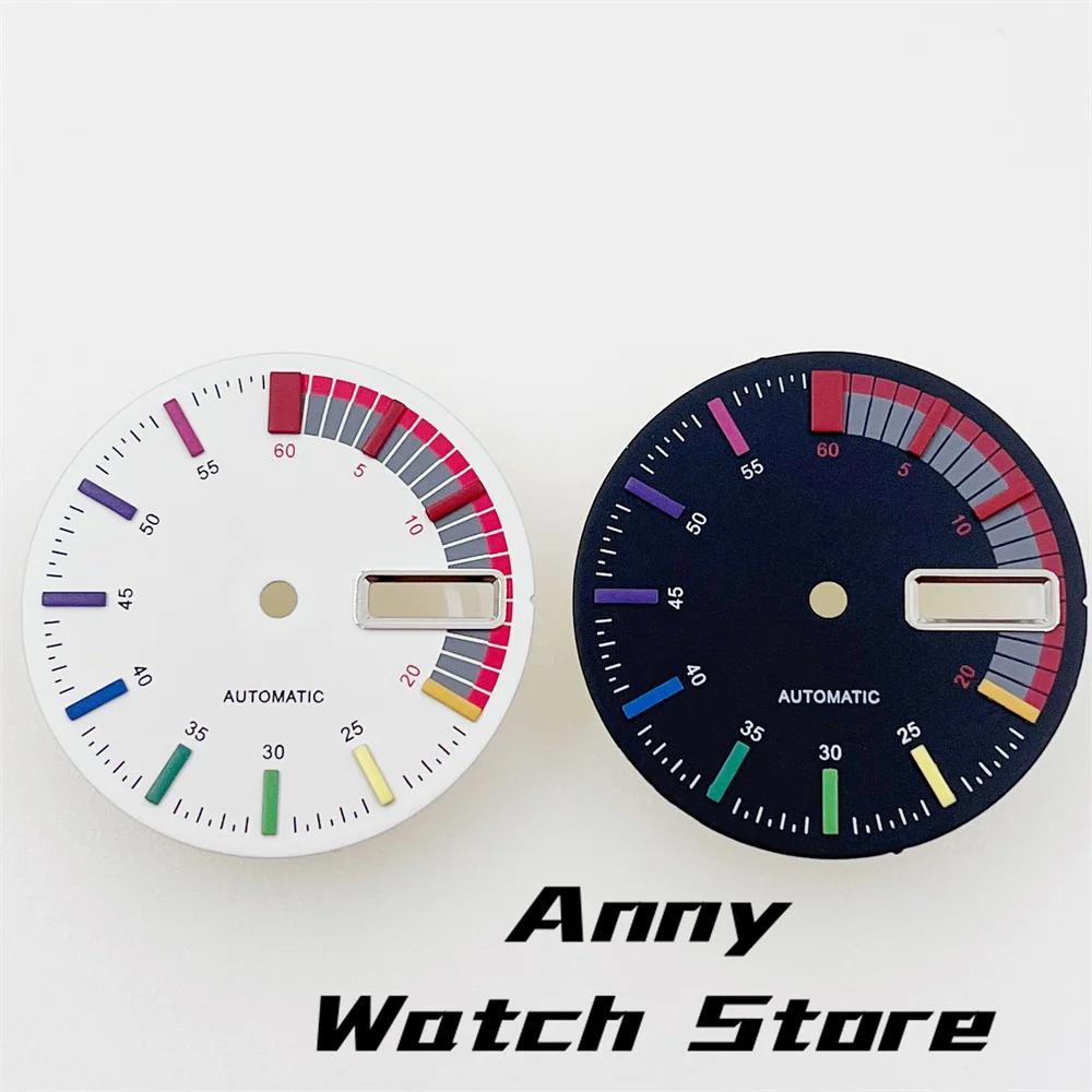 28.5mm NH36 Watch Dial Rainbow Multicolor Time Marks Black White Fit Automatic Movement Date Window 3 O'clock Crown