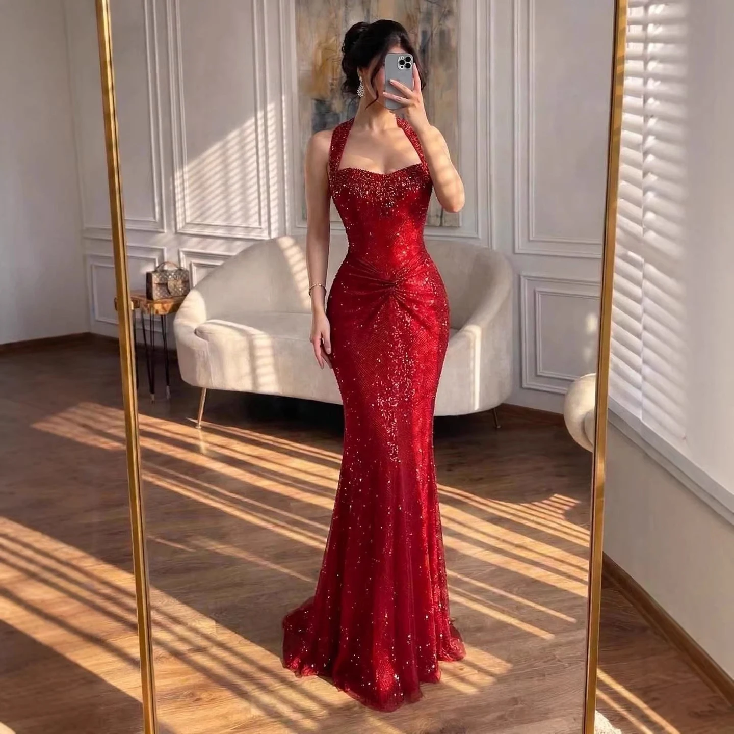 red halter mermaid prom dress SERENE HILL Luxury Beaded Evening Formal Gown For Wedding Party Red Carpet GLA73410B Customized high neck halter evening gown