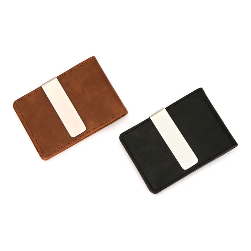 Fashion Men PU Leather Bifold Money Clips Multi functional Thin Metal Clamp Wallet Card Holder