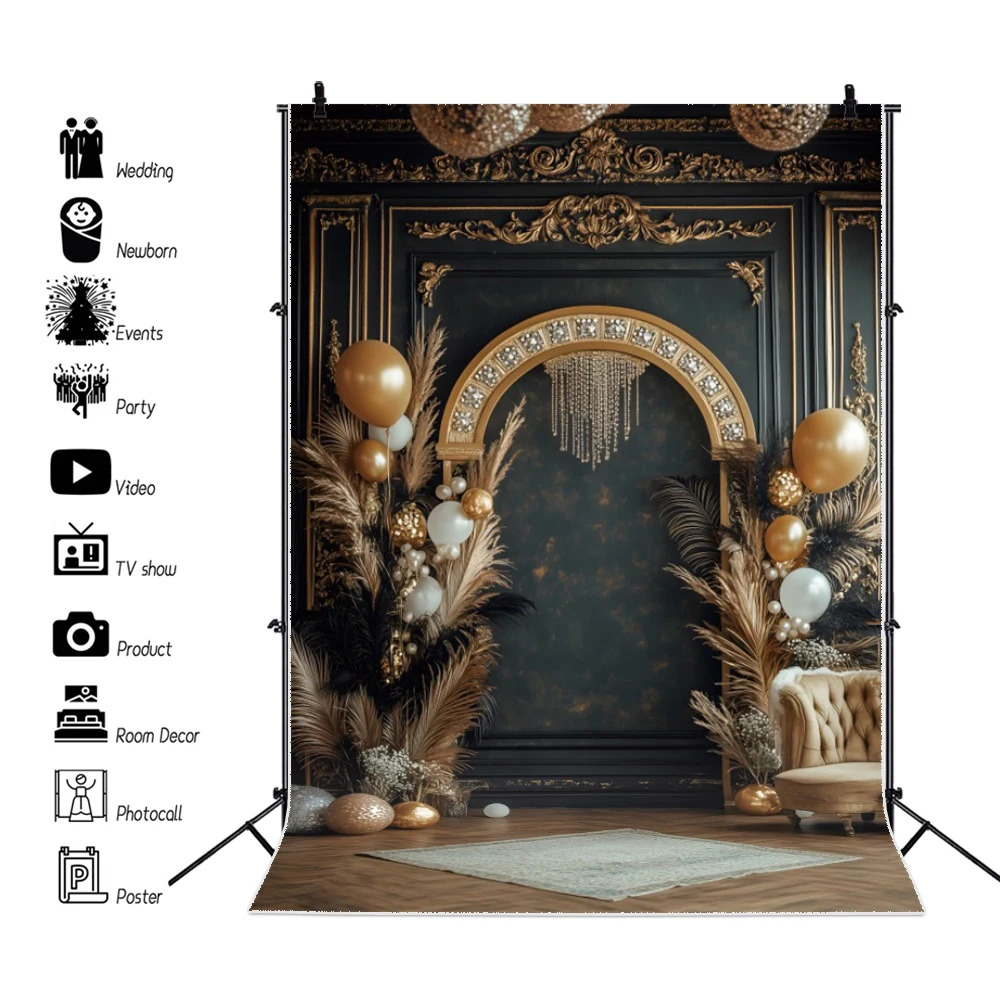 Retro Europe Palace Photography Background Black Golden Boho Feather Balloons Birthday Wedding Party Decoration Photo Backdrop
