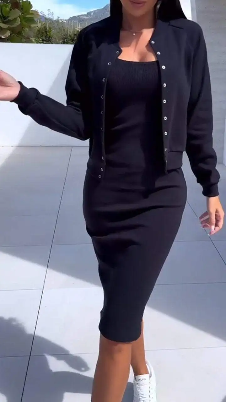2026 Autumn Winter New Halter Skirt Cardigan Coat Top Two Piece Women's Fashion Bag Buttock Slim Elegant Female Office Dress Set view 4