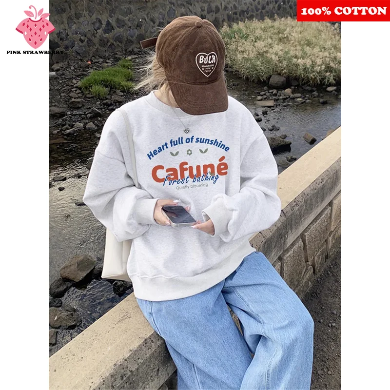 Sweater Plush Cetak Huruf Amerika Wanita Musim Gugur 2025 Baru Oversize Lengan Panjang Hoodie Kasual Pullover Y2K Atasan Pakaian Wanita