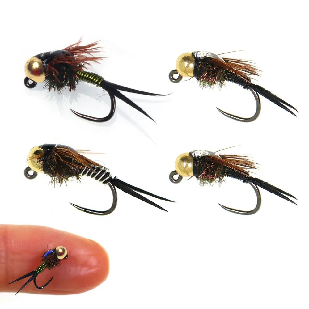 4 piezas # 14 # Señuelos de pesca de 16 piezas sin púas con cabeza de tungsteno, tipo Copper John, de hundimiento rápido, para pesca en agua húmeda, Euro Perdigon, para moscas ninfa, trucha y pescado gris.