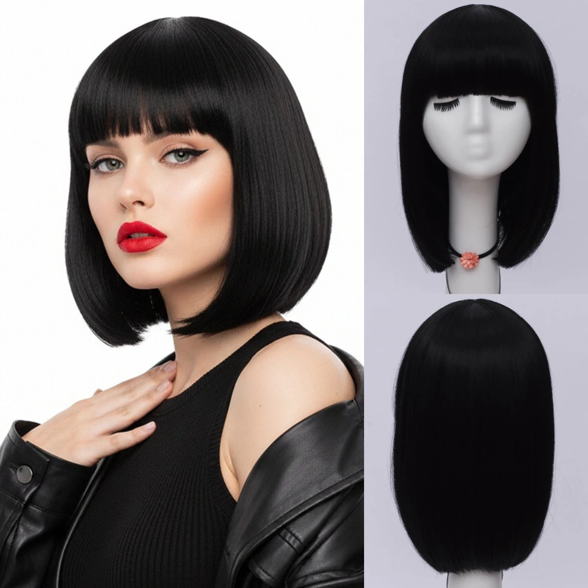 

Женский термостойкий синтетический парик, черный, короткий, прямой с челкой для Лолиты, косплея, Хэллоуина, Рождества, повседневного гламурного цвета