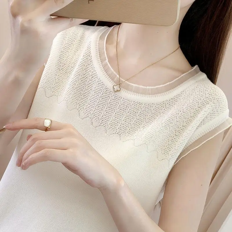 Women's Slimming Cooling Sleeveless Top Loose Fit Icy Silk Trimming Knit Camisole Versatile Summer Fashion Layering Vest