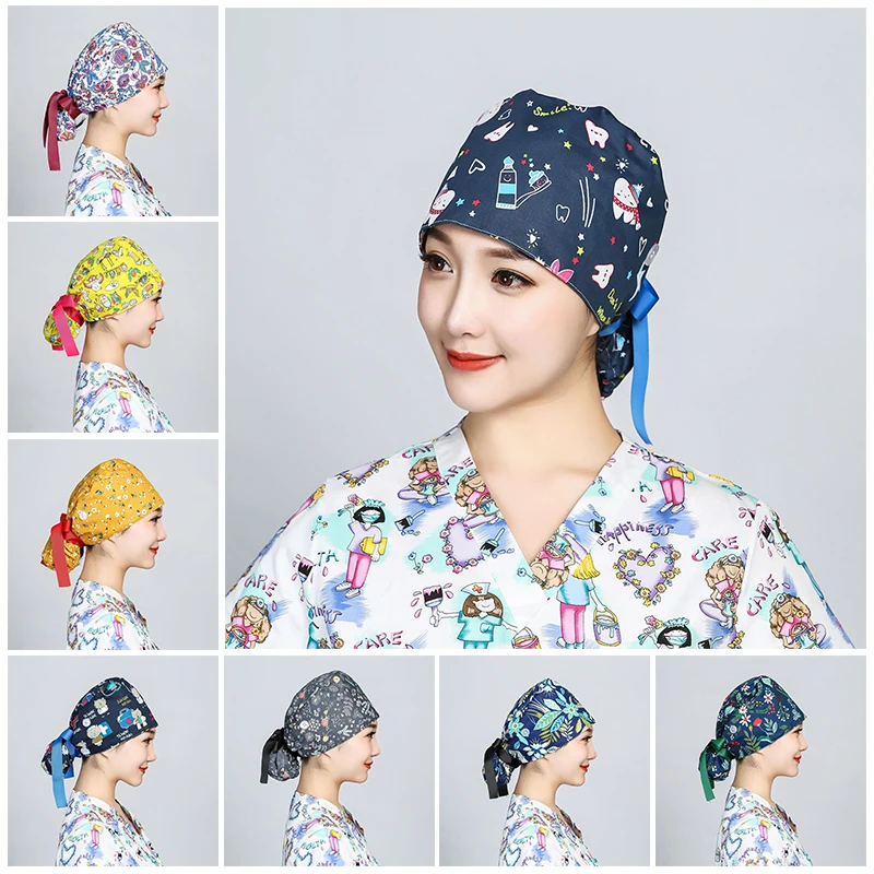 Printed Surgical Cap Scrub Cotton With Button Doctor Wrap Long Hair Adjustable Lace-up Women Beauty Care Hospital Accessories