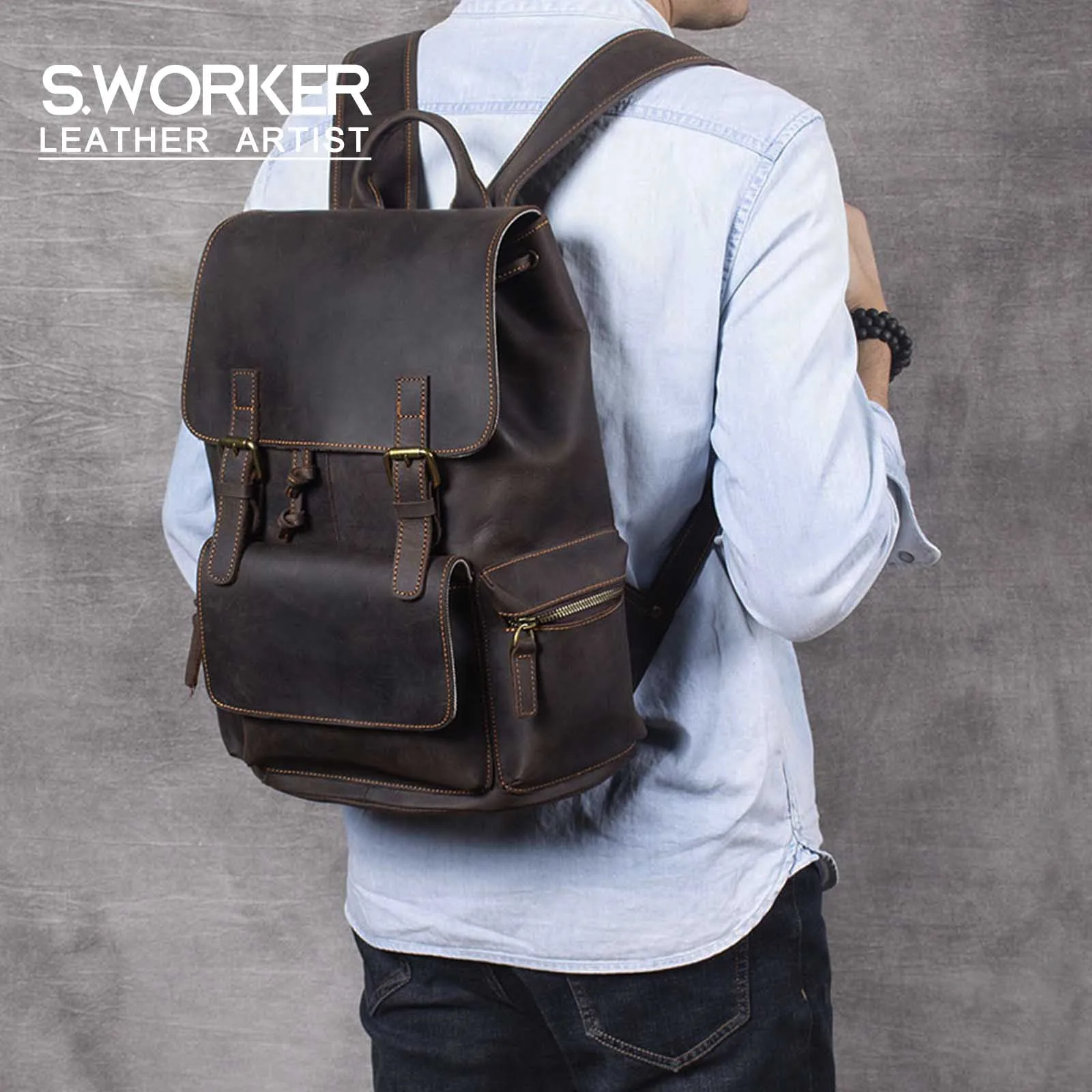 S.WORKER Vintage Echtleder-Rucksack Laptop-Tasche Lässiger Crazy-Horse-Leder-Schulrucksack – Detail 2