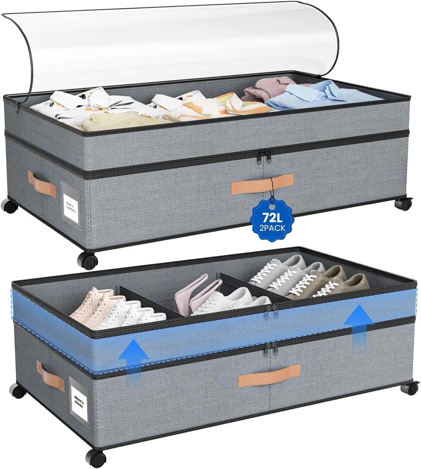 

72L Under Bed Storage Box with Wheels, 10" Tall, Adjustable, Rolling Container for Clothes Shoes Blankets, Grey