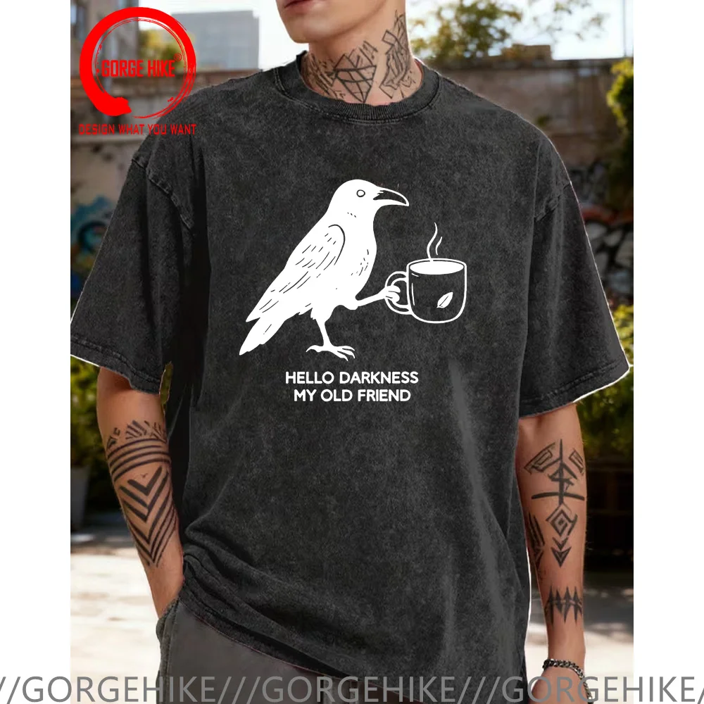 Vintage Washed Cotton Funny Crow Coffee T Shirt Halloween T Shirt Women Men Tops Oversized Tops Tee Shirt Fashion Casual T-shirt